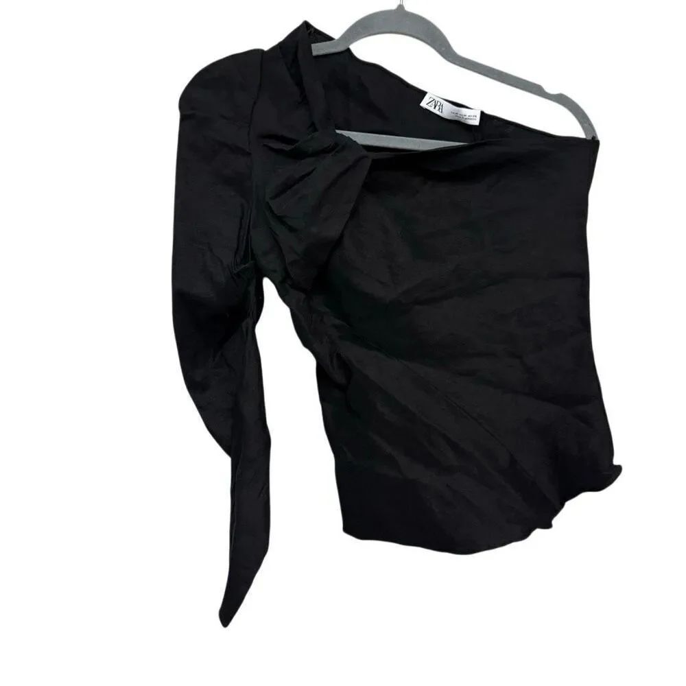 ZARA black one-shoulder top draped detailing and a long sleeve size medium